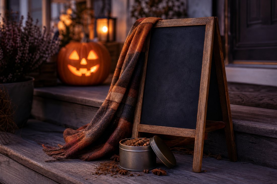 A front porch Halloween host set with a chalkboard sign, plaid throw and cider spice tin at dusk